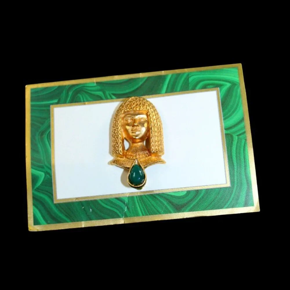 Margot Townsend Gold Egyptian Face Emerald Color Inverted Teardrop Stone
